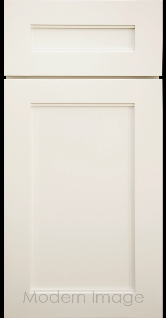Destin shaker cabinet in Canvas featuring ledge detail and vertical joints around a recessed center panel.